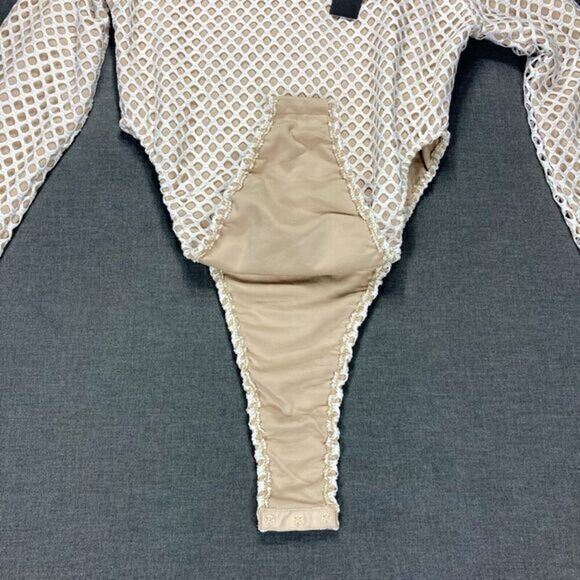 Maniere De Voir Mesh Bodysuit Womens Size 8 White Beige Finger Loop Sexy Top New - Picture 8 of 16